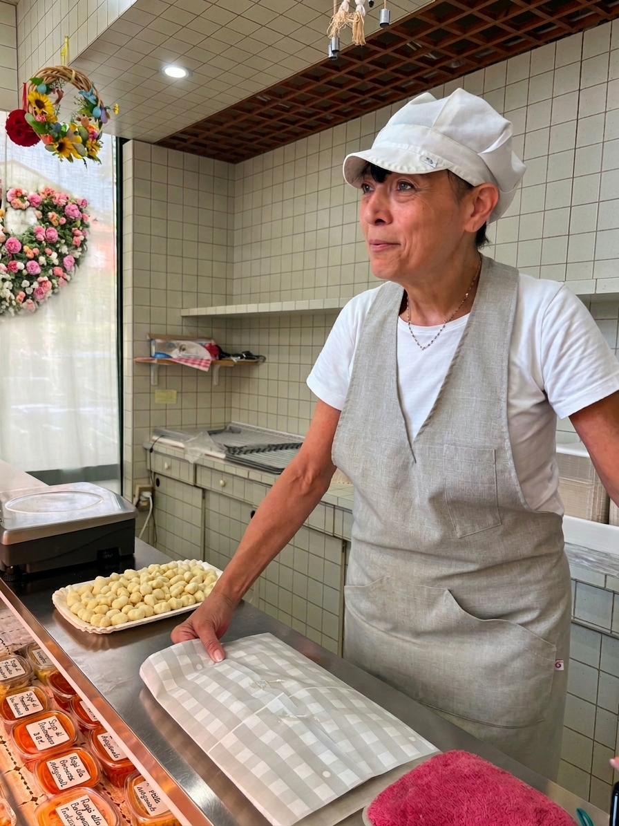 Mirka al banco con i prodotti freschi del laboratorio